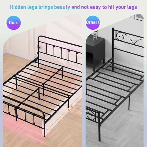 HOMCOM Double Bed Frame with LED Lights and Charging Station, Black