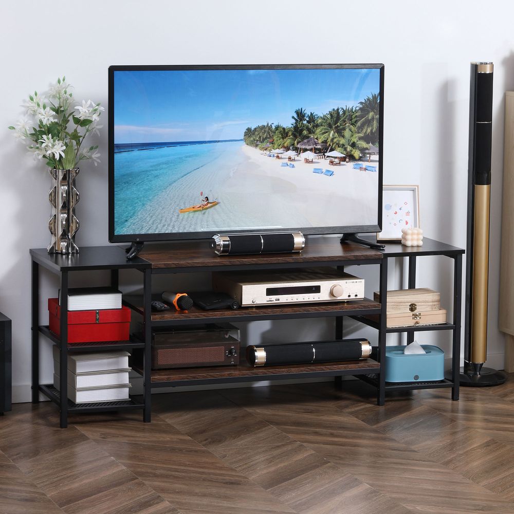 HOMCOM TV Unit Cabinet for TVs up to 60 Inches, Industrial TV Stand with Storage Shelves for Living Room, Brown and Black