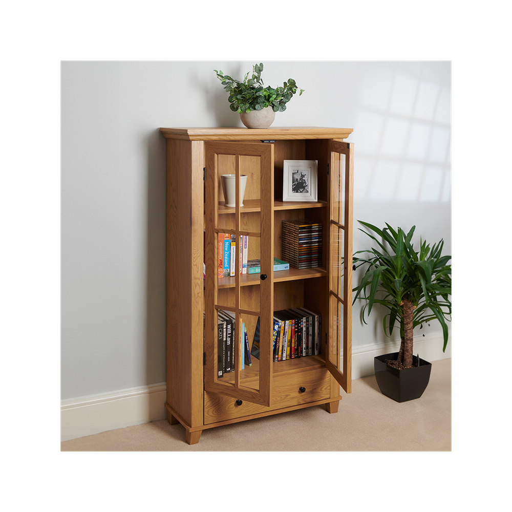 Greenhurst Display Cabinet, Media Storage with Shelving and Drawer, Double Perspex Doors H132.5 W76cm D30cm (Oak)