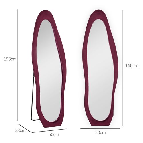 HOMCOM Irregular Full Length Mirror with Velvet Frame 160 x 50cm Wine Red