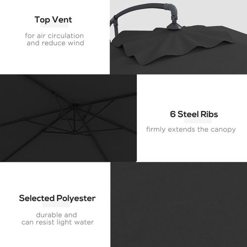 Outsunny 3 m Cantilever Parasol with Cross Base, Crank Handle, 6 Ribs, Black