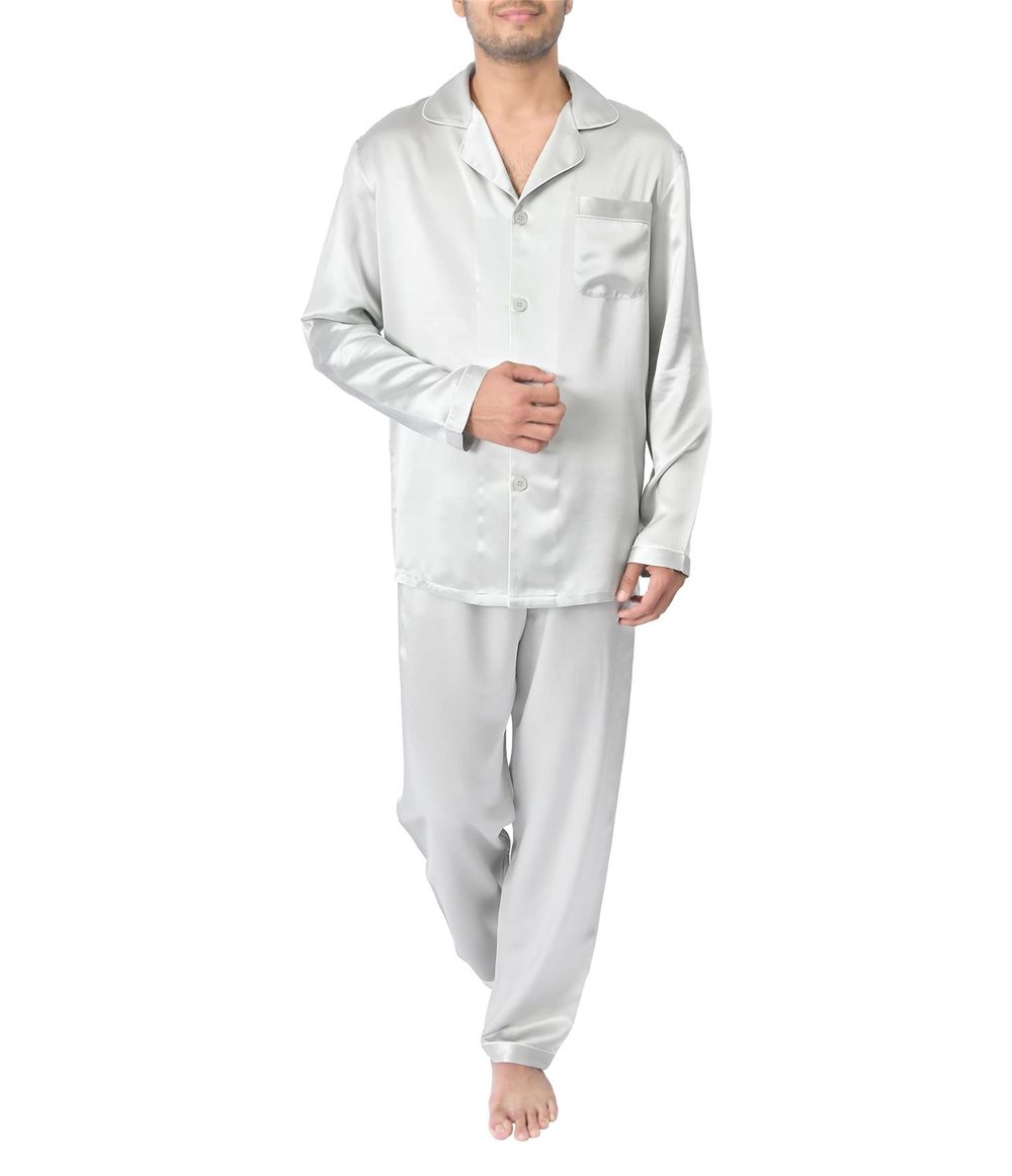 SILK PJS LONG SET MENS MEDIUM SILVER Pyjamas