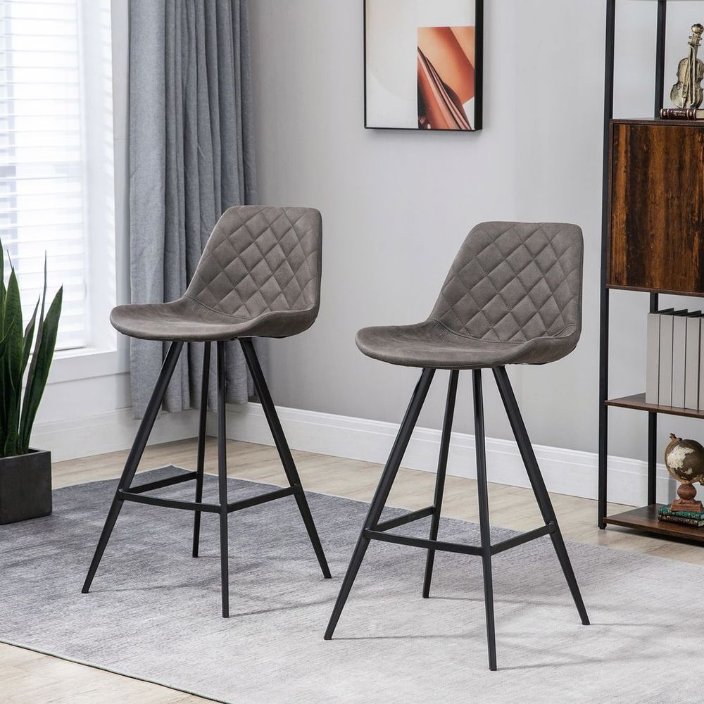 Set Of 2 Bar Stools Vintage PU Leather Tub Seats Padded w/ Steel Frame Dark Grey