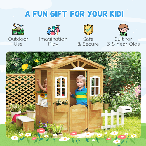 Outsunny Wooden Outdoor Playhouse w/ Door Windows Bench for Kids Children