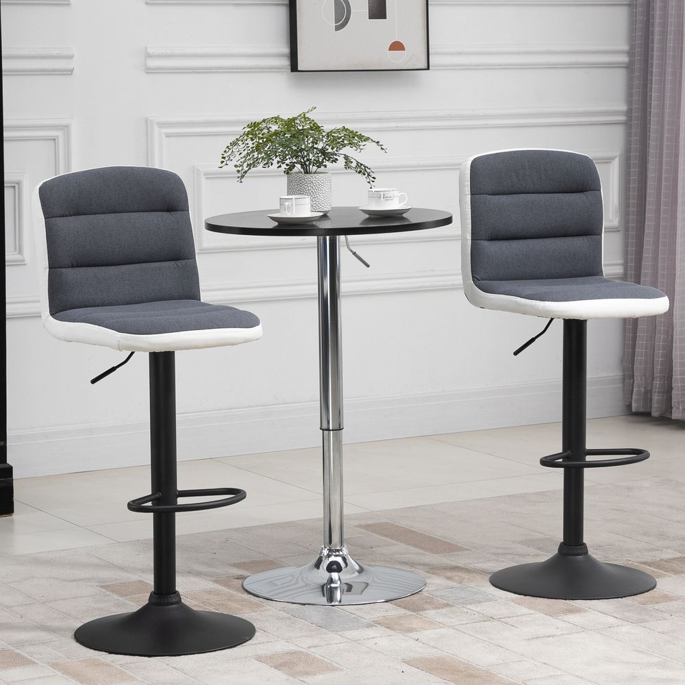 HOMCOM Bar Stools Set of 2, Height Adjustable Bar Chairs in Fabric and Faux Leather, 360° Swivel Kitchen Stool with Backrest and Footrest, Dark Grey
