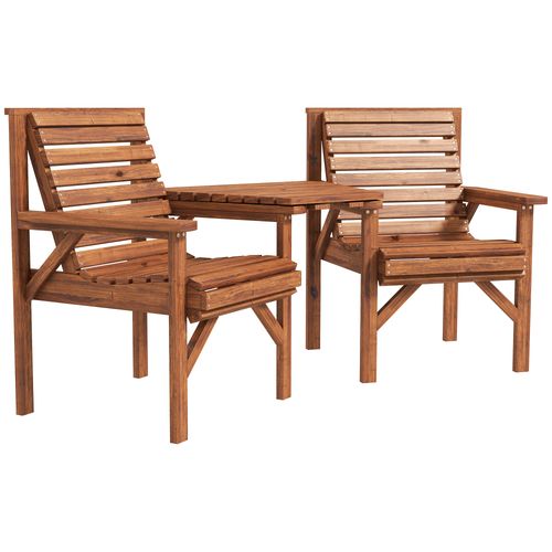 Outsunny Wooden Garden Love Seat with Coffee Table Partner Bench Tan Brown