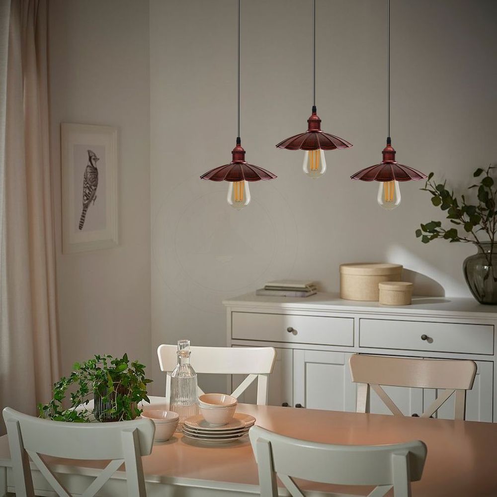 Vintage Industrial Rustic Red 3 Head Pendant - Metal Brushed Light Fitting - Umbrella Shape Lamp Shade - High Quality