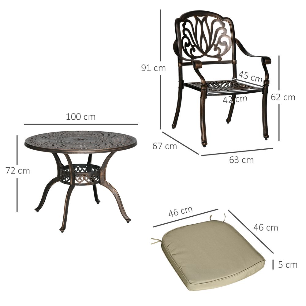 Premium Quality 4 Seater Dining Set | Cushions Included | Round Table with Parasol Hole | Bronze Finish