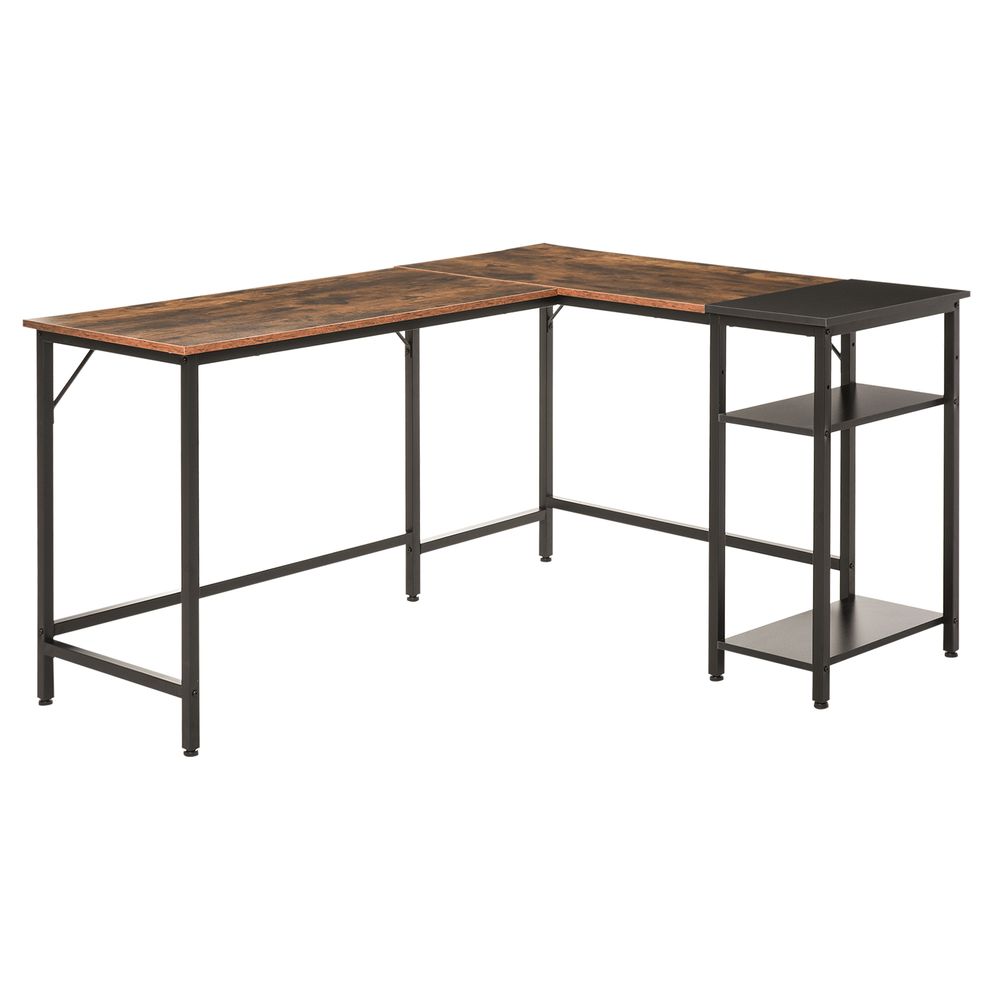 HOMCOM L-Shaped Computer Desk Industrial Corner Writing Desk with Adjustable Storage Shelf Space-Saving Home Office Workstation 150 x 120 x 75 cm Rustic Brown