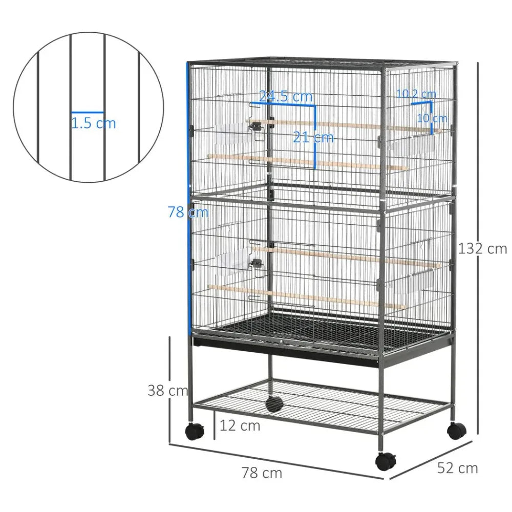 Bird Cage Aviary for Budgies Canaries w/ Rolling Stand Slide-Out Tray, Grey