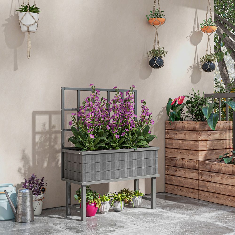Outsunny Wood Raised Planter w/ Trellis Elevated Garden Bed - Quality Grey Design