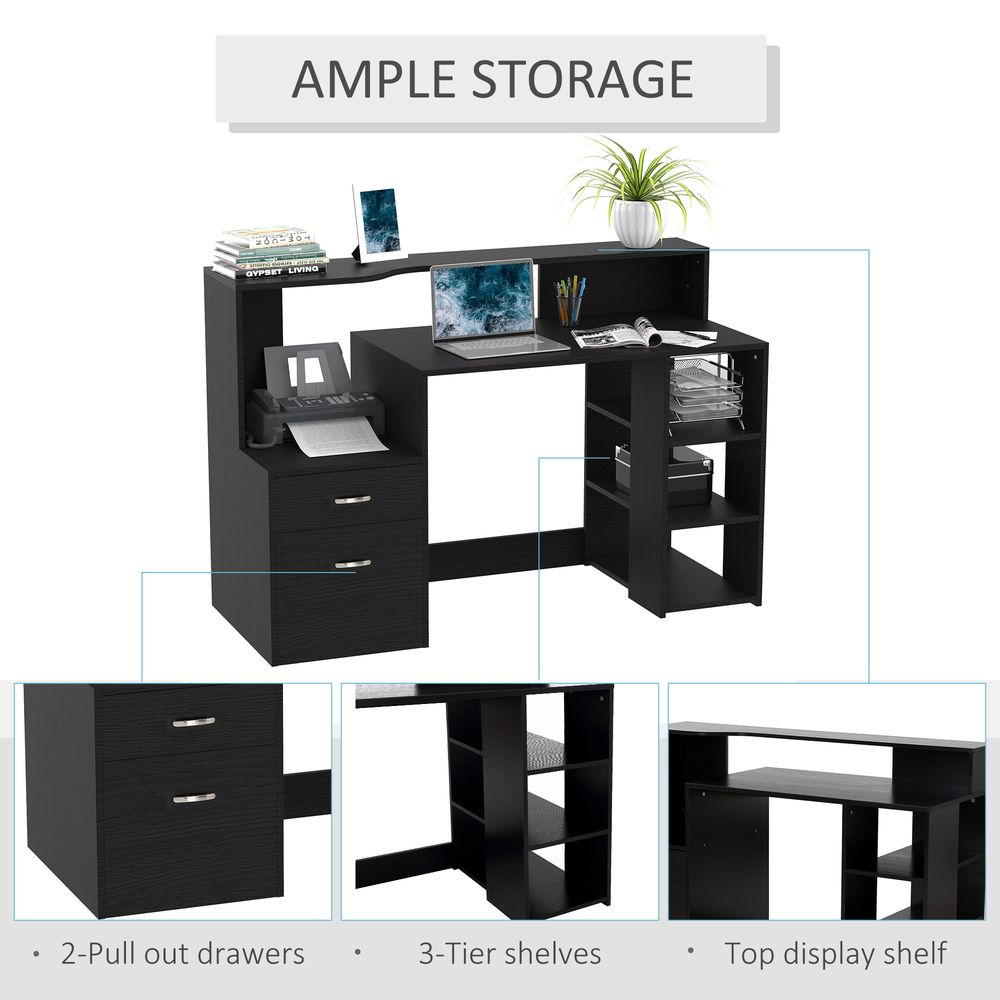HOMCOM Computer Desk with Drawers and Storage Shelves, Reception Desk, Study Workstation for Home Office, 137 x 55 x 92cm, Black