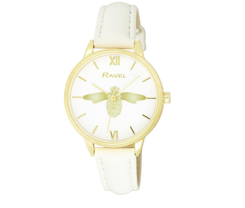 Ravel Women's Moth Design Dial White Leather Strap Watch RF007.4