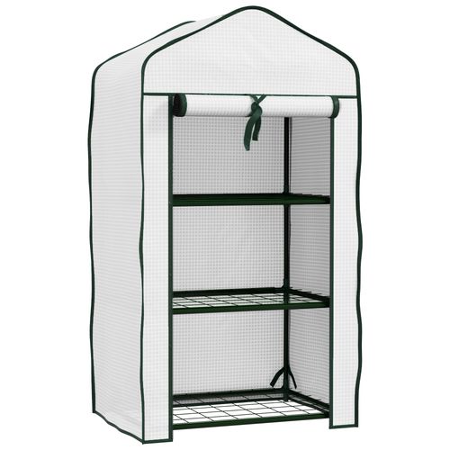 Outsunny Portable Mini Greenhouse with Roll-up Door and Wire Shelves, White