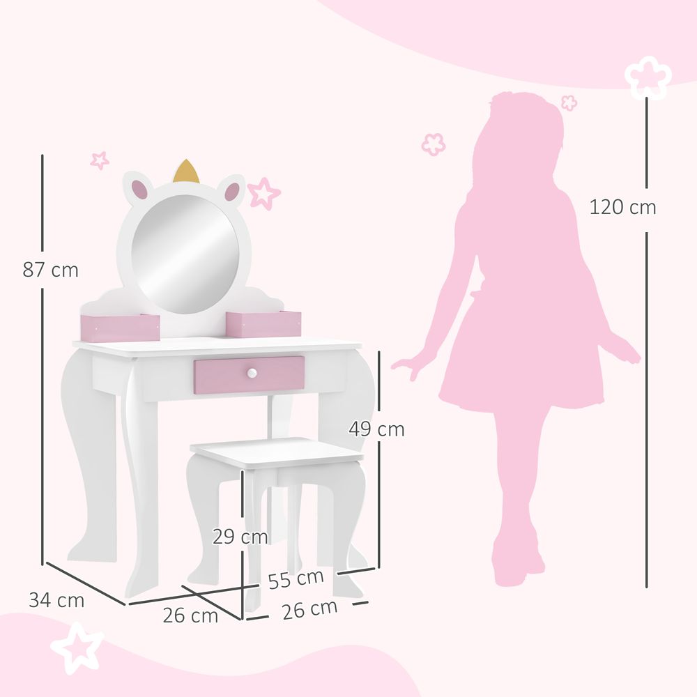 ZONEKIZ Kids Dressing Table with Mirror and Stool, Drawer, Storage Boxes - White