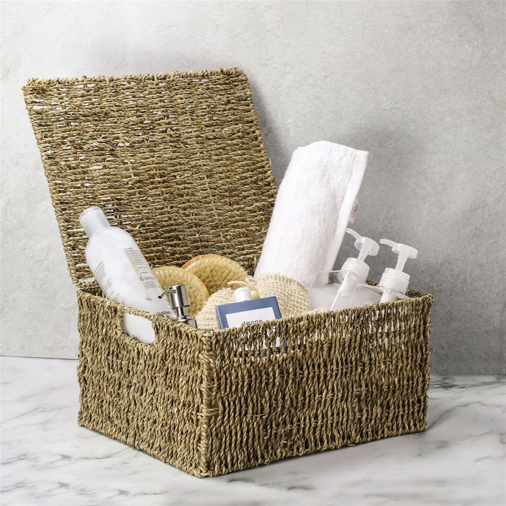 Charming Seagrass Storage Basket with Lid | M&W - Lightweight & Eco-Friendly - Perfect for Home Organization & Picnics