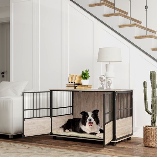 PawHut 80cm Dog Crate Furniture Dog Cage End Table Indoor w/ Doors, Cushion