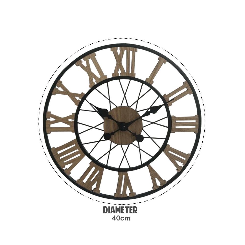 Large Metal Clock - 40CM Wood Design - Vintage Look - Perfect Statement Piece for Any Room - AA Battery Powered