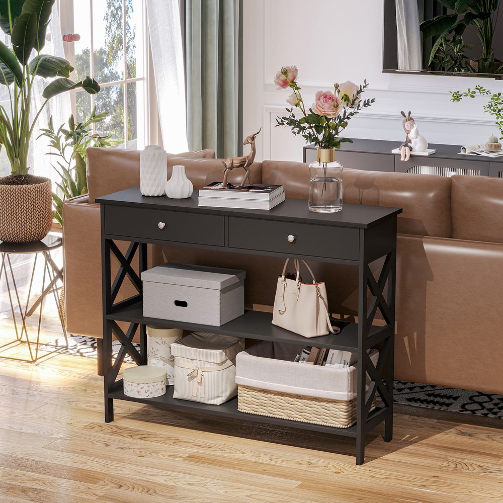 HOMCOM Console Table Side Desk w/Shelves Drawers Open Top X Support Frame Living Room Hallway Home Office Furniture Black