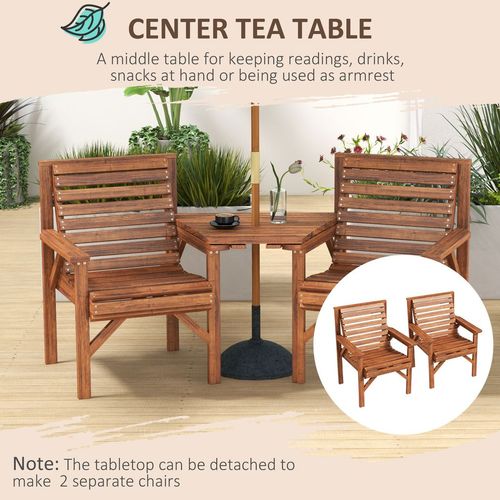 Outsunny Wooden Garden Love Seat with Coffee Table Partner Bench Tan Brown