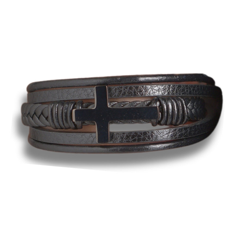 Men's Black Leather Cross Bracelet