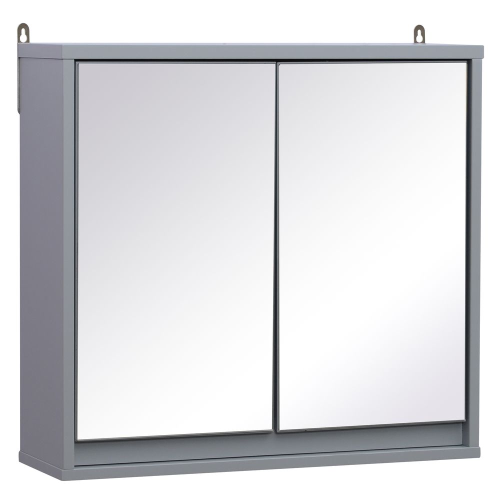 HOMCOM Bathroom Mirror Cabinet Wall Mounted Storage Shelf Bathroom Cupboard Double Door, Grey