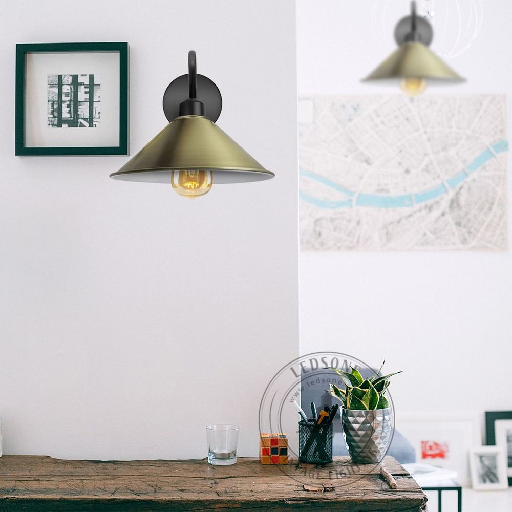 Vintage Green Brass Wall Light Fixture, Cone Shape Shade - E27 Base, Dimmable, 3 Year Warranty