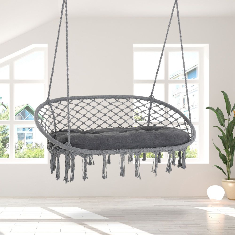 Hanging Hammock Chair - Cotton Rope Swing & Metal Frame - Large Macrame - Dark Grey