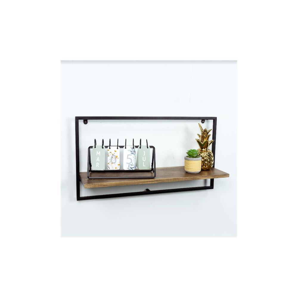 Sturdy Dark Oak Floating Wall Shelf - PARGI: Wide Design, Black Frame