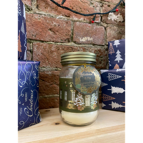 Christmas Traditional House Candle Jar Gold & Green