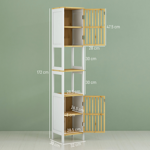 HOMCOM Tall Bathroom Cabinet Bamboo Bathroom Cupboard with Adjustable Shelves