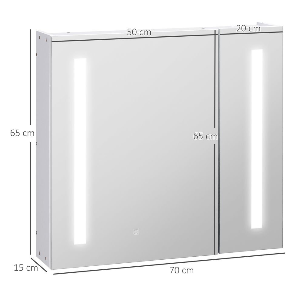 kleankin LED Bathroom Mirror Cabinet, Illuminated Bathroom Mirror with Lights, Adjustable Shelf, Touch Switch and USB Charge, 65 x 70cm, White