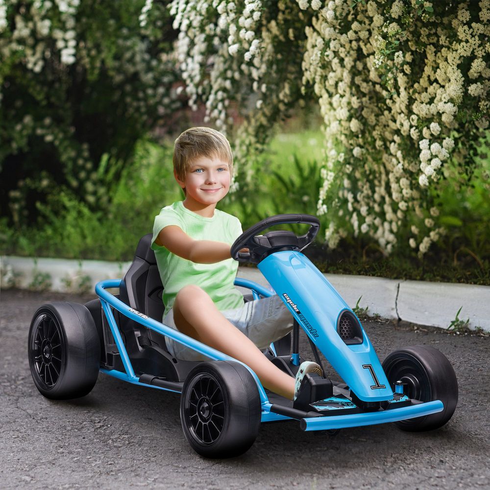 HOMCOM 24V Electric Go Kart for Kids, Drifting Ride-On Racing Go Kart with Slow Start, Music, Horn Honking and Safety Belt, for 8-12 Years Old, Blue