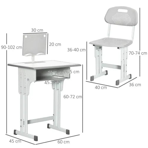 HOMCOM Kids Desk and Chair Set Adjustable Height Study Table Set w/Drawer, Book Stand, Pen Slot - Grey