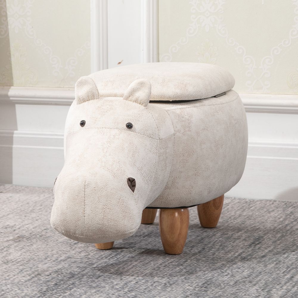 HOMCOM Hippo Storage Stool | Cute Footrest | Wood Frame Legs | Cream