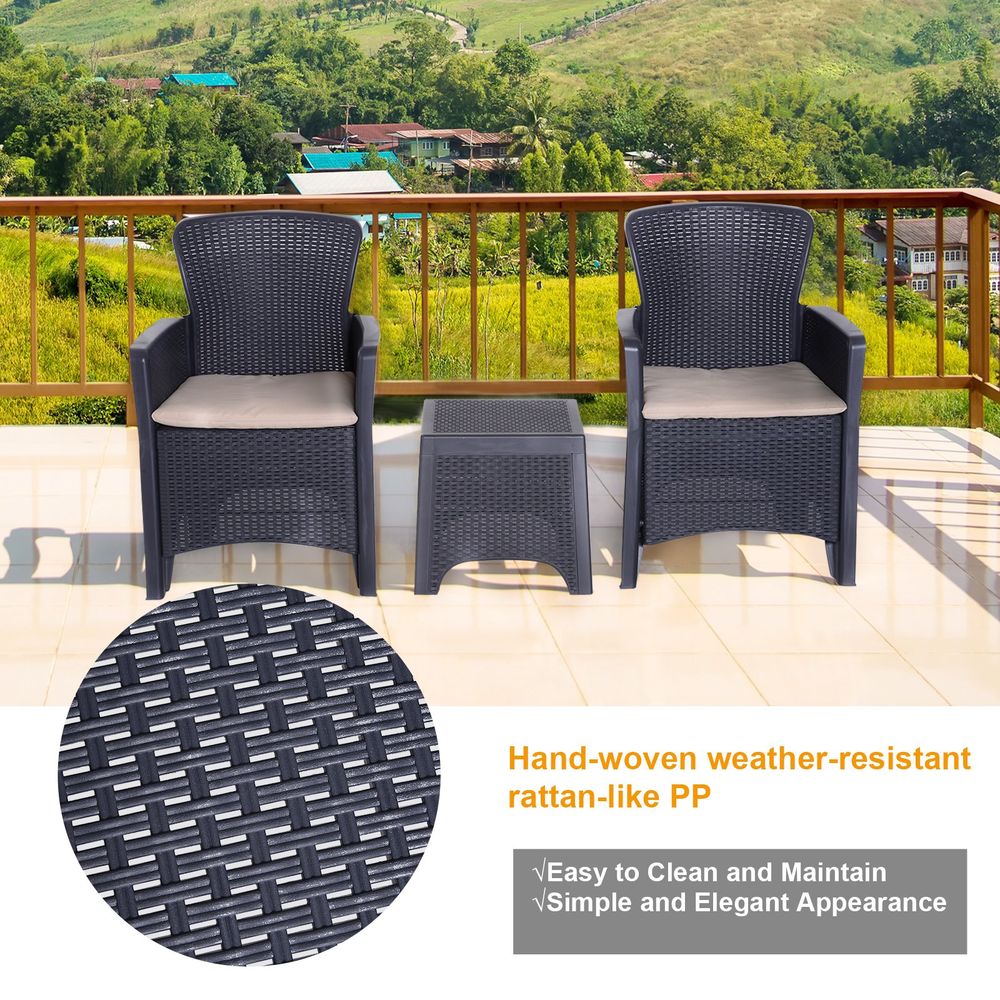 High Load Patio Coffee Set | 3-PCS Rattan Chair, Table & Cushion | Garden Gathering Furniture