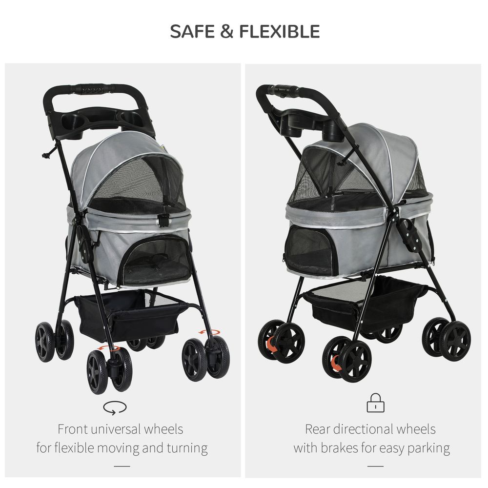 PawHut Pet Stroller: No-Zip, Foldable, Travel Carriage with Brake, Basket, Adjustable Canopy