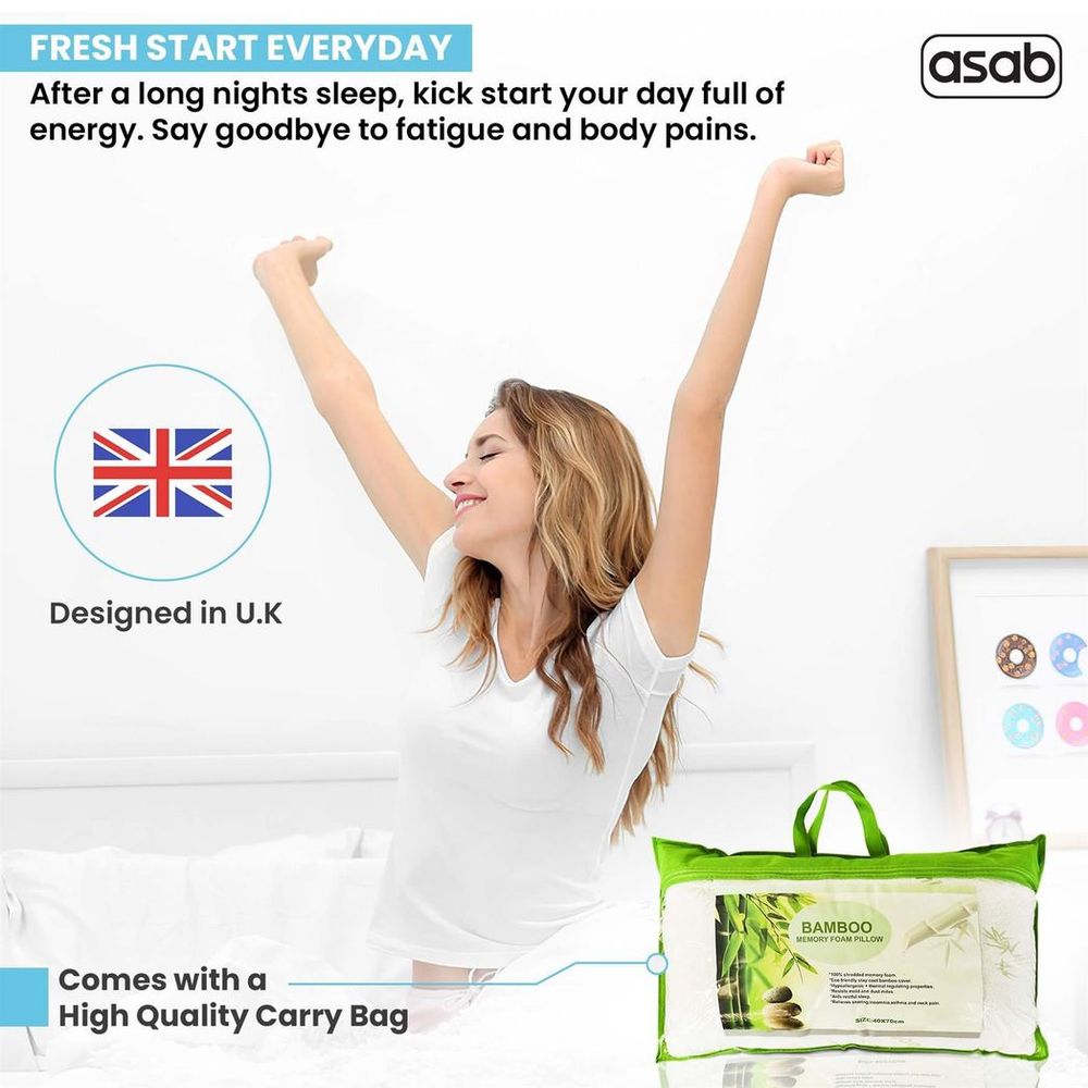 Bamboo Memory Foam Pillow - Pack of 2, Hypoallergenic, Thermal Regulation. Best Quality, Relieves Head & Neck Pain. AS-61478