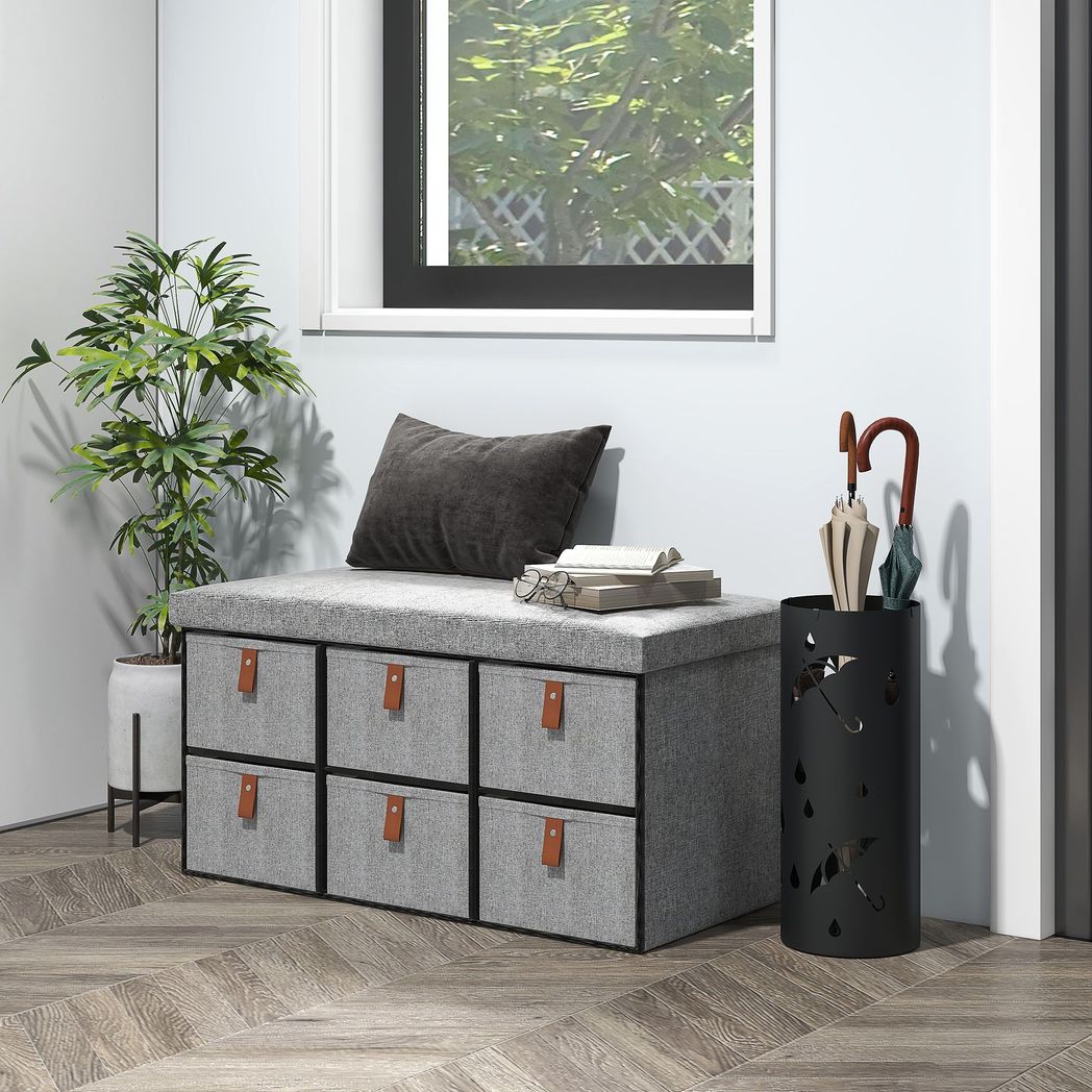 HOMCOM Shoe Bench with Cushioned Seat, 6 Fabric Drawers for Entryway Hallway
