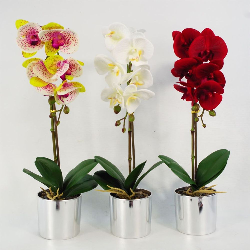 Premium 46cm Artificial Orchid - White/Silver Pot