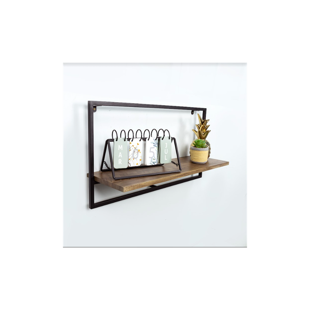 Sturdy Dark Oak Floating Wall Shelf - PARGI: Wide Design, Black Frame