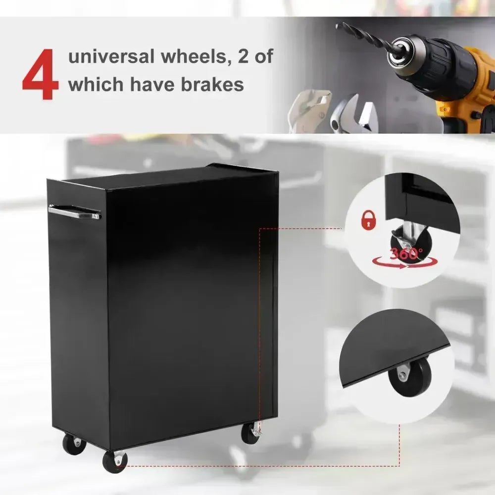 5-Drawer Lockable Steel Tool Storage Cabinet w/ Wheels Handle 2 Keys Black