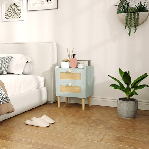 HOMCOM Boho Rattan Bedroom Chest of Drawers, 2 Drawer Dresser, Light Blue