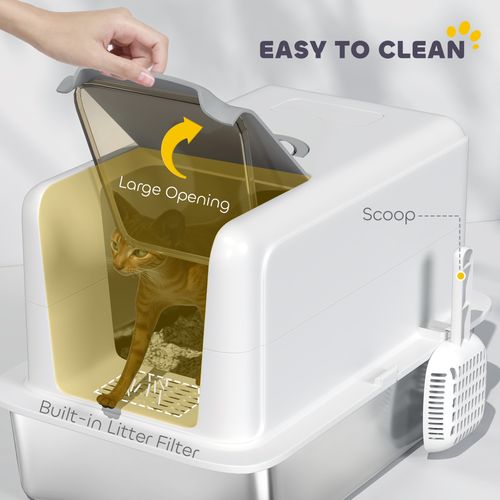 PawHut Stainless Steel Cat Litter Box with Removable Lid & Scoop, White