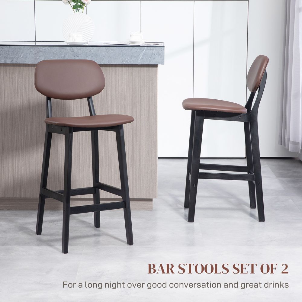 HOMCOM Breakfast Bar stools Set of 2 with PU Leather Cover, Wood Legs, Brown