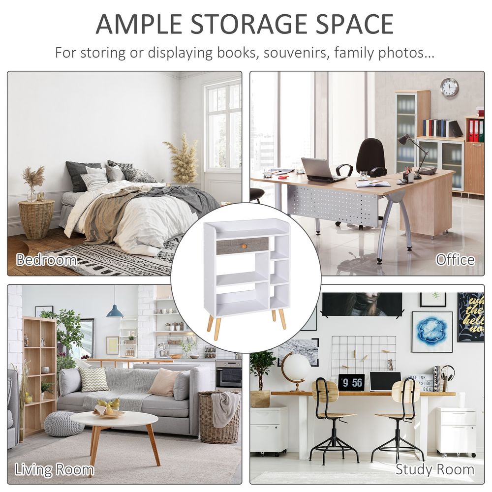 Multi-Shelf Bookcase Freestanding Storage Drawer Shelves Wood Leg White