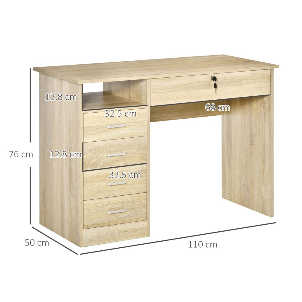 HOMCOM Computer Desk, Home Office Desk with Lockable Drawer, Storage Shelf for Study Bedroom, 110 x 50 x 76 cm, Oak