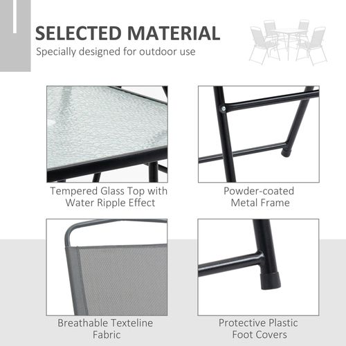 5Pc Garden Dining Set 4 Folding Chairs, Glass Top Table Texteline Seats, Black