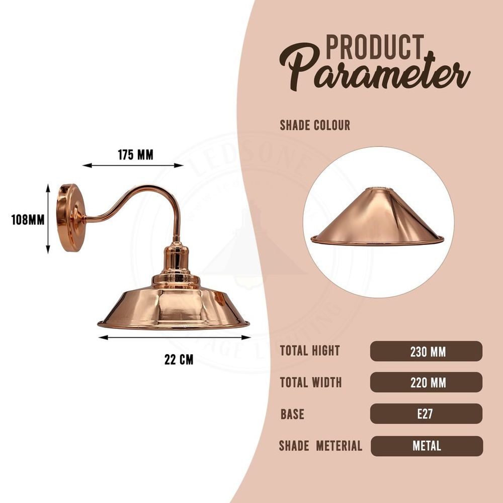 Vintage Industrial Rose Gold Retro Wall Light - Sturdy Metal Lamp Shade - Classic Style - E27 Lamp