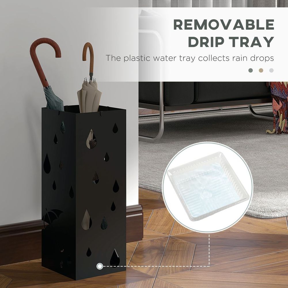 HOMCOM Metal Umbrella Stand, Square Umbrella Basket with 4 Hooks and Drip Tray